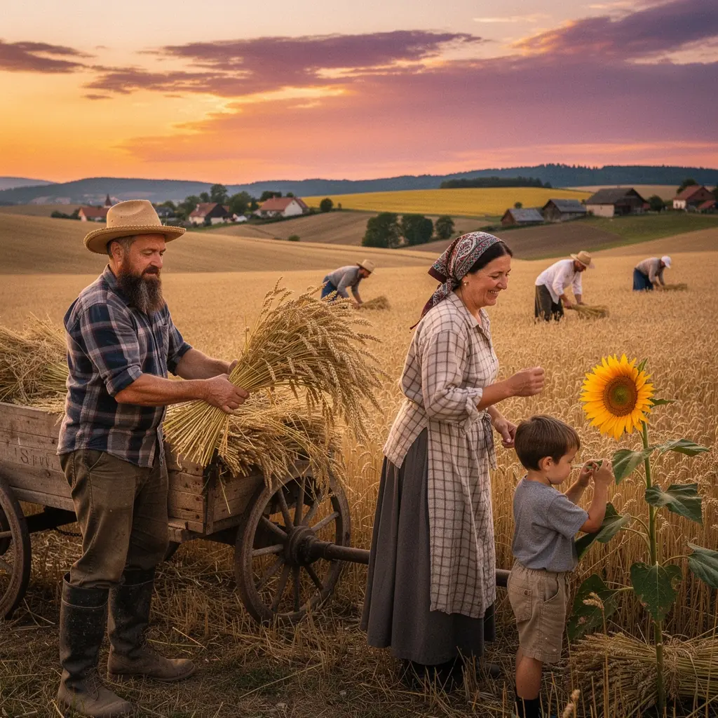 A vibrant sunset casting warm hues over a tranquil village scene reflecting agricultural heritage.